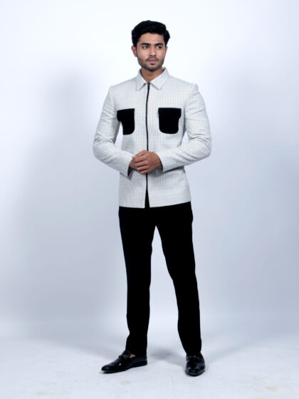 Men’s Ivory Textured Bandhgala Jacket with Zip