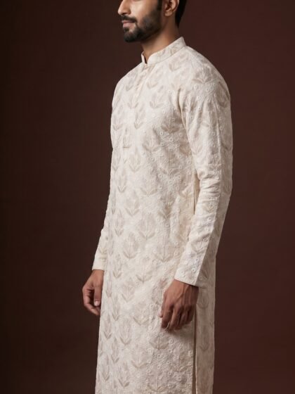 Ivory Floral Kurta for Men by BK tailors