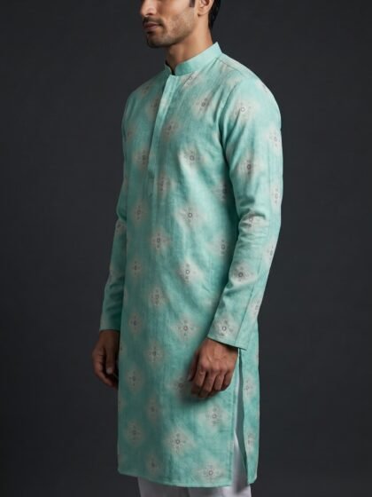 Mint Green Cotton Floral Kurta for Men by BK tailors