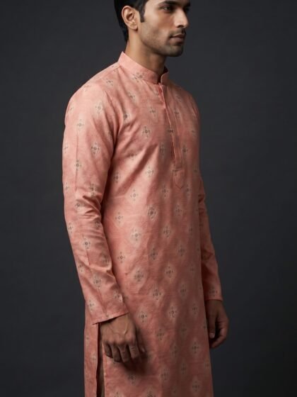 Salmon Pink Floral Kurta for Men by BK tailors