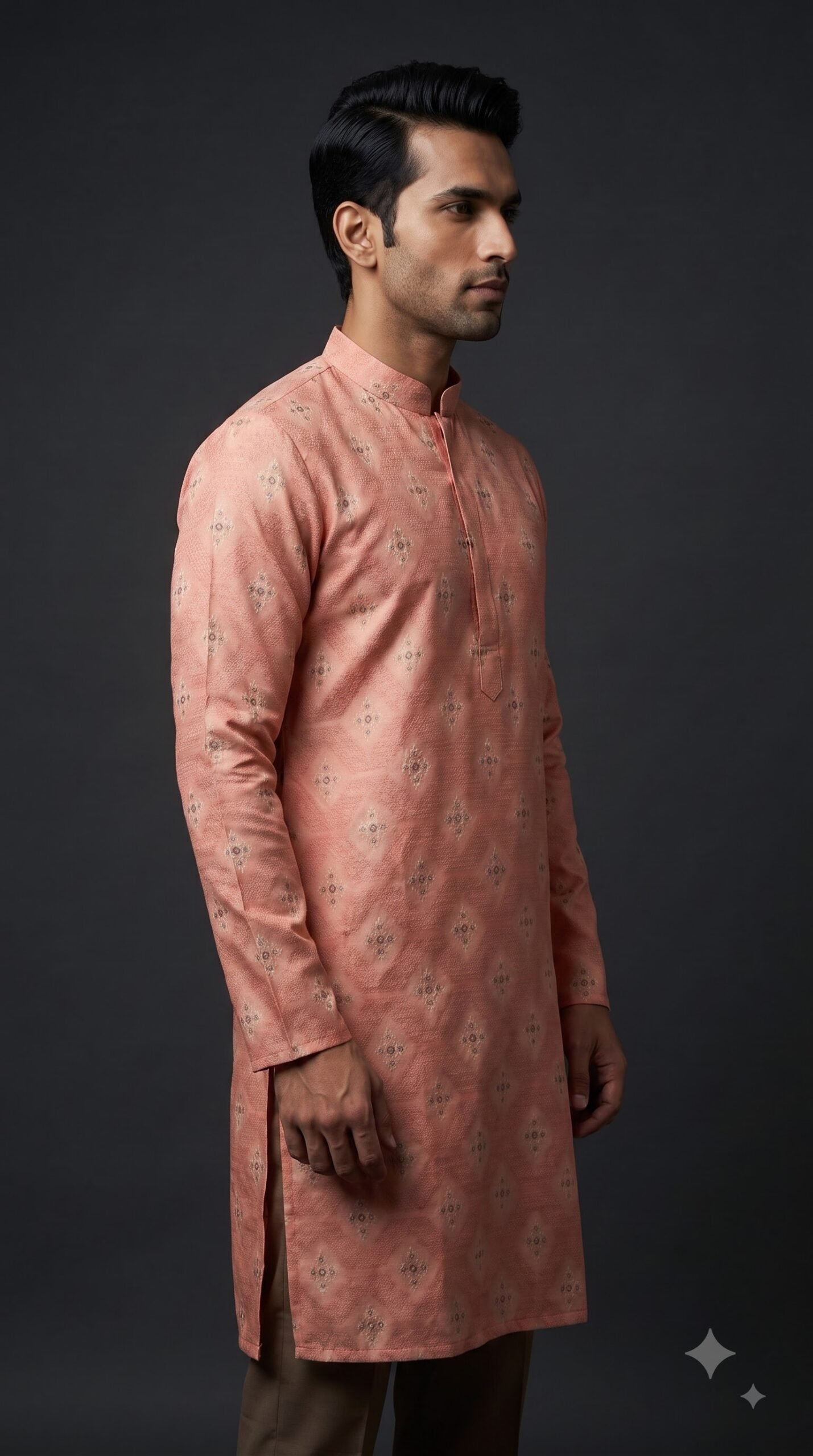 Salmon Pink Floral Kurta for Men by BK tailors
