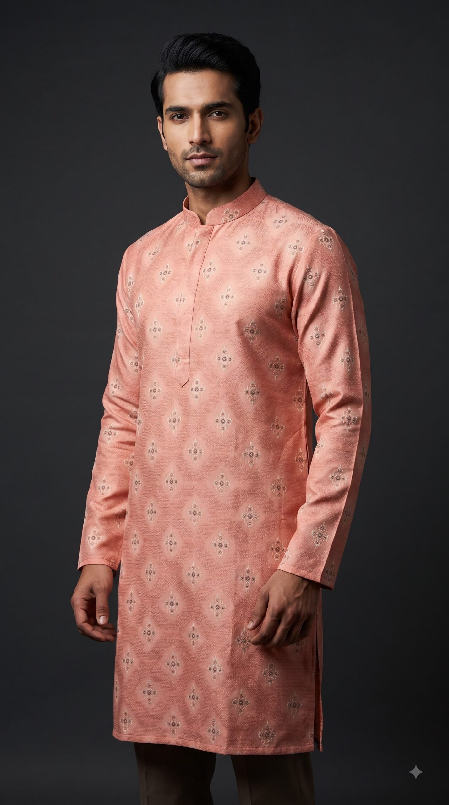 Salmon Pink Floral Kurta for Men by BK tailors