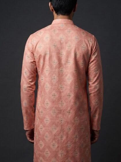 Salmon Pink Floral Kurta for Men by BK tailors