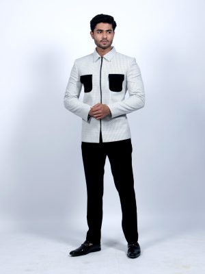Men’s Ivory Textured Bandhgala Jacket with Zip