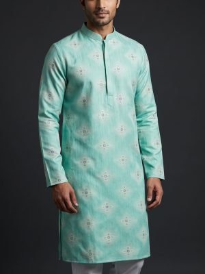 Mint Green Cotton Floral Kurta for Men