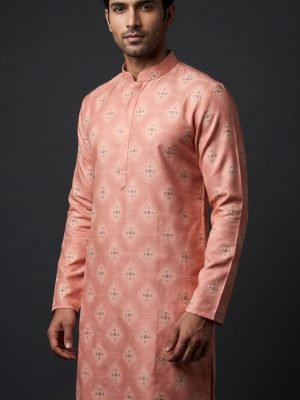 Salmon Pink Floral Kurta for Men by BK tailors
