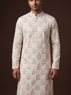Ivory Floral Kurta for Men by BK tailors